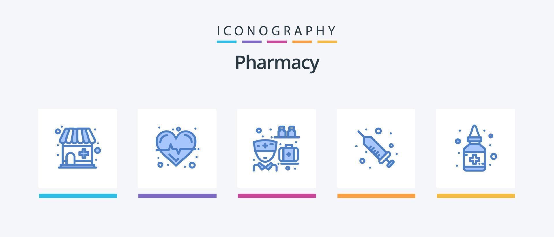 pack d'icônes bleu pharmacie 5, y compris la médecine. liquide. Médicament. bouteille. médicament liquide. conception d'icônes créatives vecteur