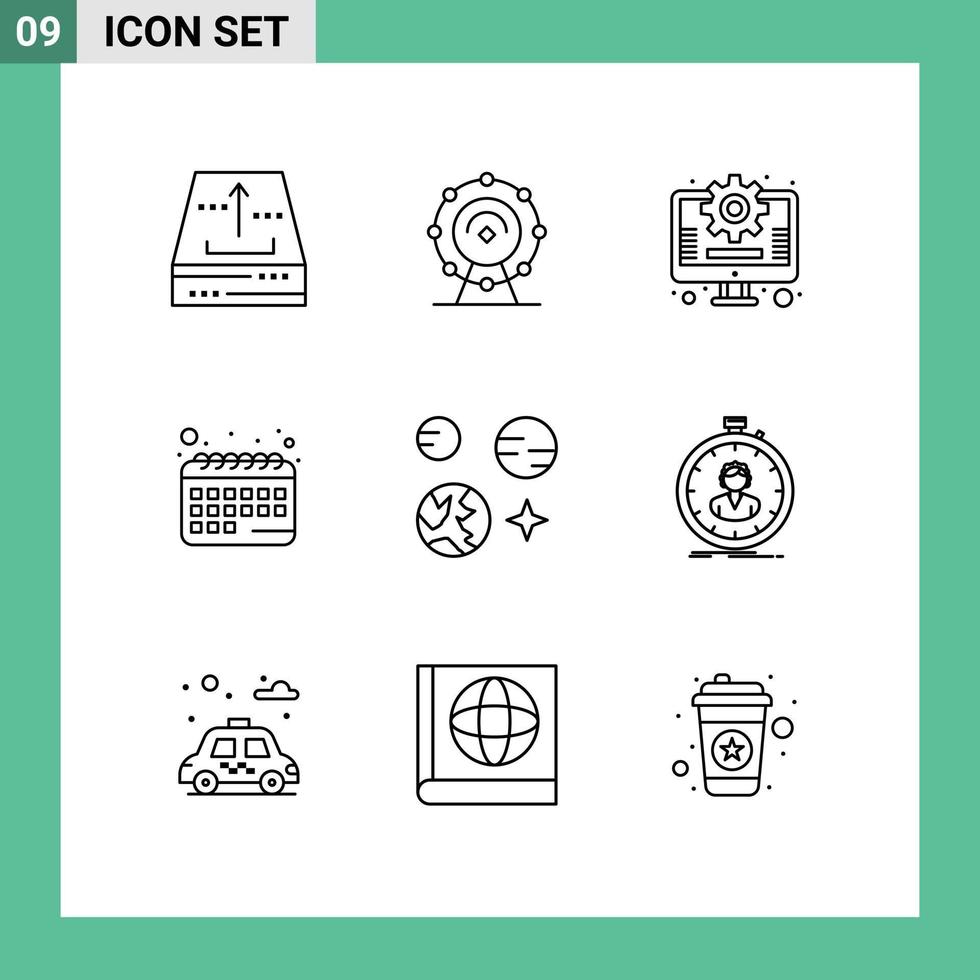 ensemble moderne de 9 contours pictogramme d'éléments de conception vectoriels modifiables de rendez-vous d'horaire d'hôtel de planète scientifique vecteur