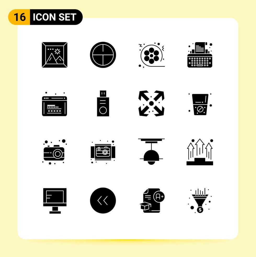 groupe de 16 glyphes solides modernes définis pour le développement écrivain film touches de machine à écrire éléments de conception vectoriels modifiables vecteur