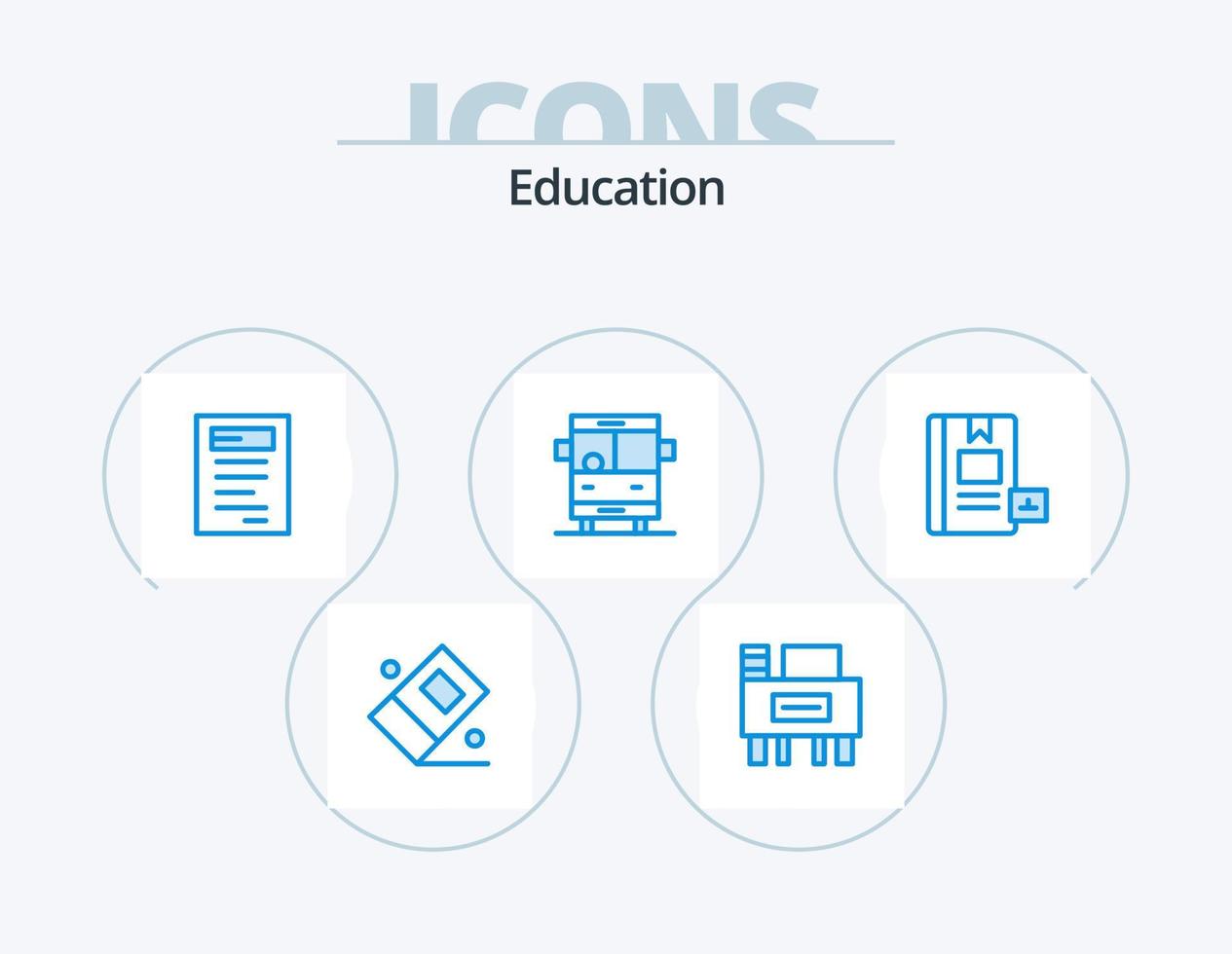 pack d'icônes bleu éducation 5 conception d'icônes. livre. bus scolaire. livre. l'école. bus vecteur