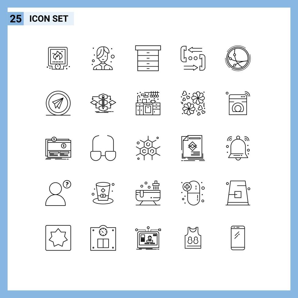 ensemble moderne de 25 lignes de pictogrammes d'éléments de conception vectoriels modifiables d'appel de contact de salon d'aide dans le monde entier vecteur
