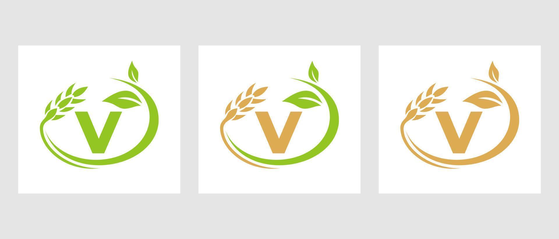 lettre v logo agricole. agroalimentaire, modèle de conception de ferme écologique vecteur