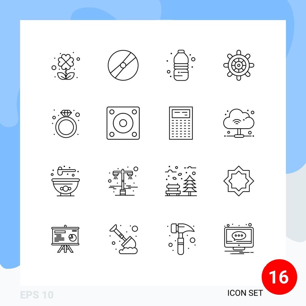 16 contours universels définis pour les applications web et mobiles anneau diamant bouteille roue bateau éléments de conception vectoriels modifiables vecteur