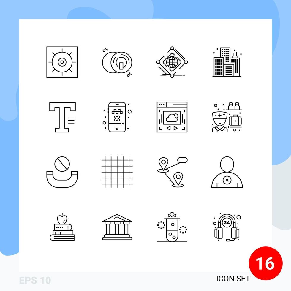 16 concepts de contour pour les sites Web mobiles et les applications écrivent des éléments de conception vectoriels modifiables de ville de construction mondiale vecteur