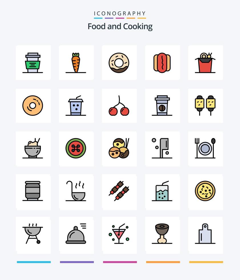 pack d'icônes remplies de 25 lignes de nourriture créative telles que des bagels. nourriture. pain. nouille. Hot-dog vecteur