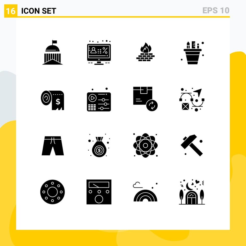 interface mobile glyphe solide ensemble de 16 pictogrammes d'éléments de conception vectoriels modifiables de pare-feu de sécurité de moniteur d'entreprise de crayon vecteur