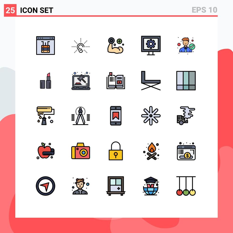 interface mobile ligne remplie couleur plate ensemble de 25 pictogrammes d'éléments de conception vectoriels modifiables médicaux de contrôle auditif de divertissement de montre vecteur