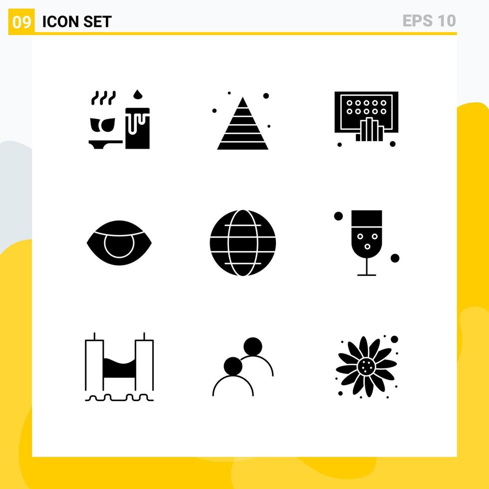 ensemble de 9 glyphes solides vectoriels sur la grille pour les applications humaines du globe face aux éléments de conception vectoriels modifiables de la tablette vecteur