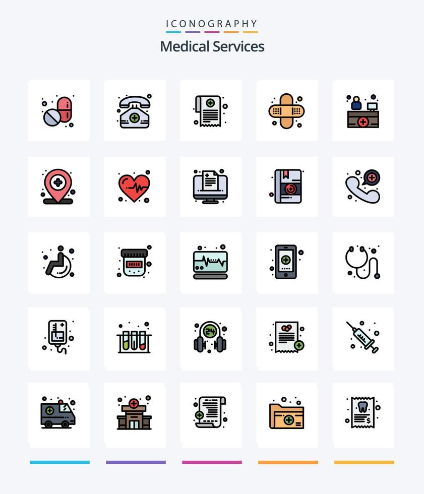 pack d'icônes rempli de 25 lignes de services médicaux créatifs tels que l'hôpital. réceptionniste de l'hôpital. médicament. accueil hospitalier. santé vecteur