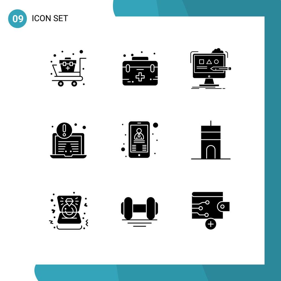 9 concept de glyphe solide pour les sites Web mobiles et les applications contact ordinateur portable soins antivirus éléments de conception vectoriels modifiables numériques vecteur