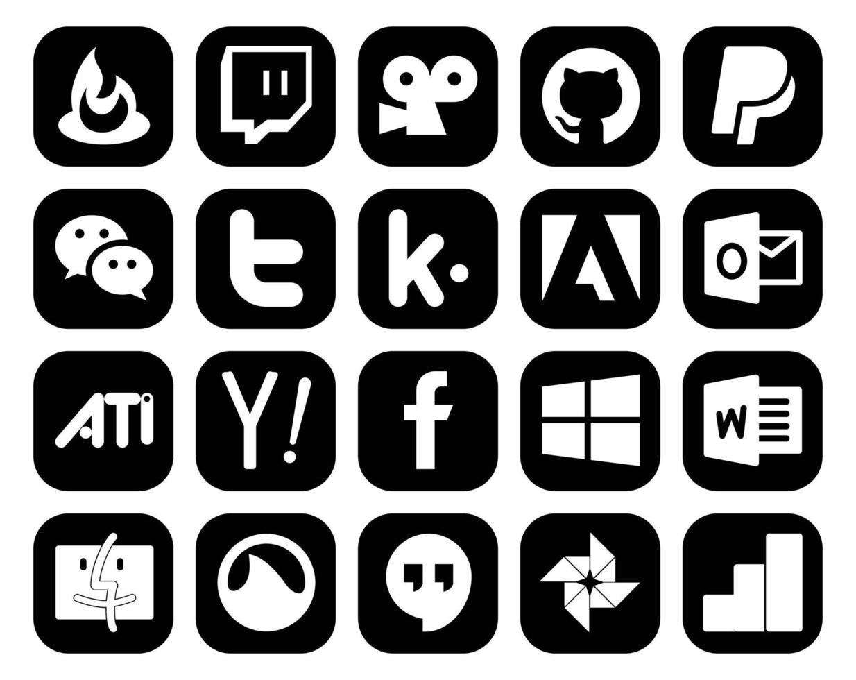20 pack d'icônes de médias sociaux comprenant le mot facebook tweet search ati vecteur