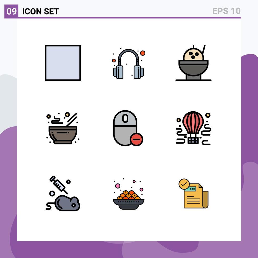interface mobile filledline couleur plate ensemble de 9 pictogrammes d'airdrop supprimer les éléments de conception vectoriels modifiables de gadget de souris de nourriture vecteur