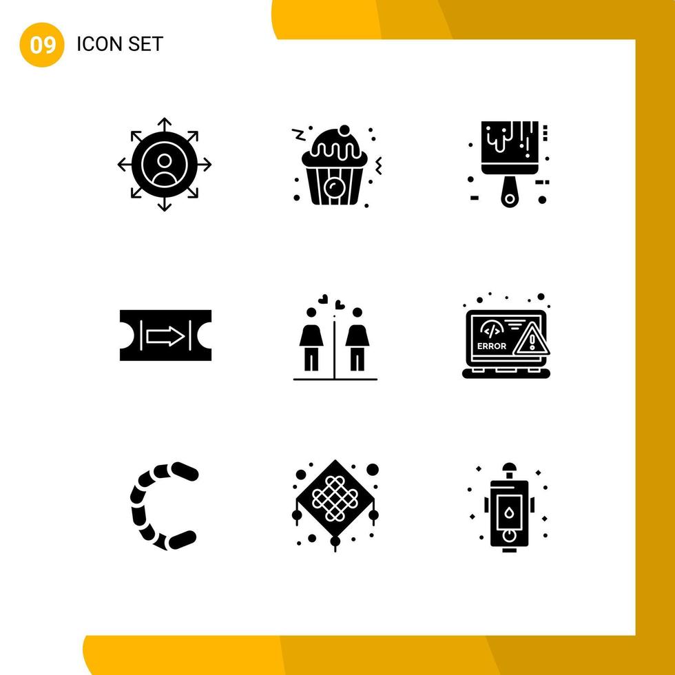 9 glyphes solides vectoriels thématiques et symboles modifiables de l'outil de toilette de codage couple voyage éléments de conception vectoriels modifiables vecteur
