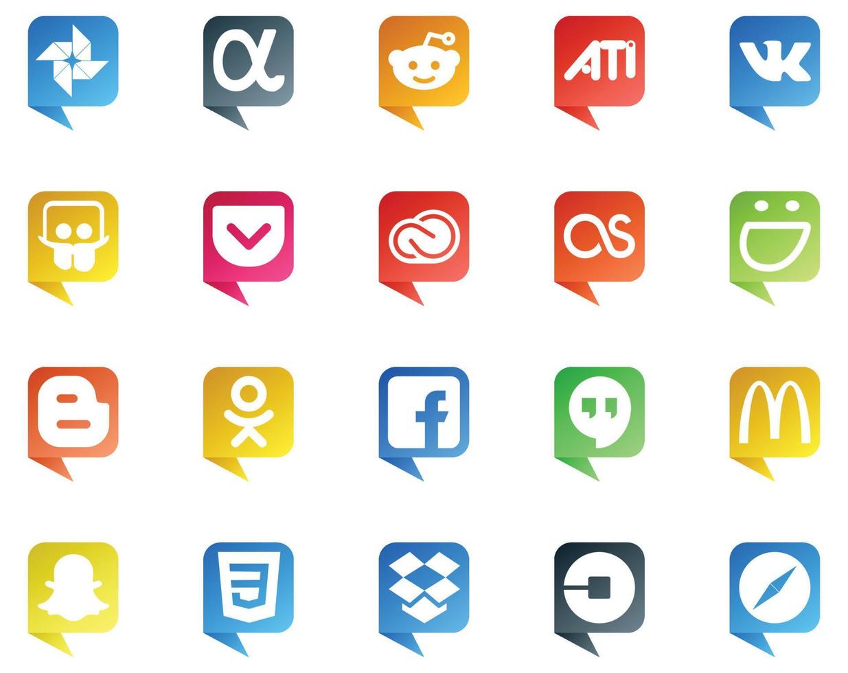 20 logo de style bulle de médias sociaux comme snapchat hangouts cc facebook blogger vecteur