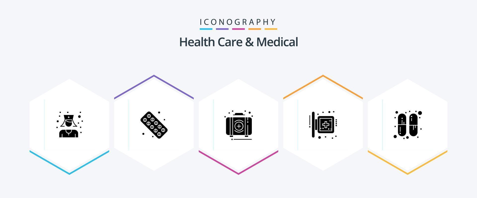 soins de santé et pack d'icônes médicales de 25 glyphes, y compris capsule. pancarte. urgence. médical. planche vecteur