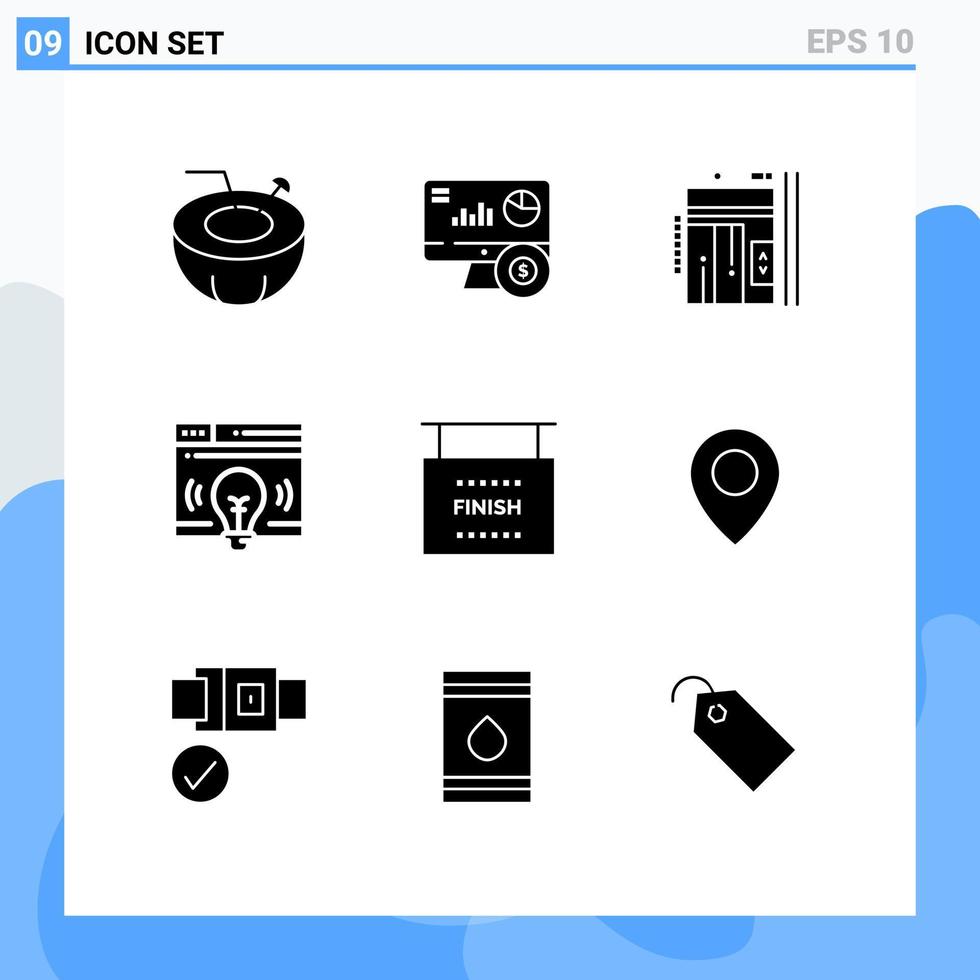 9 glyphes solides universels définis pour les applications web et mobiles fin page web ascenseur web éléments de conception vectoriels modifiables vecteur