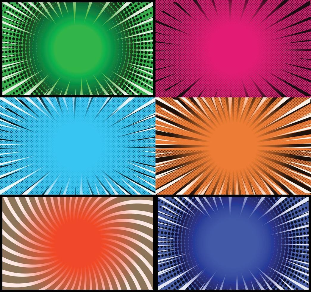 fond de cadres colorés de bande dessinée avec des rayons de demi-teintes effets radiaux et pointillés style pop art vecteur