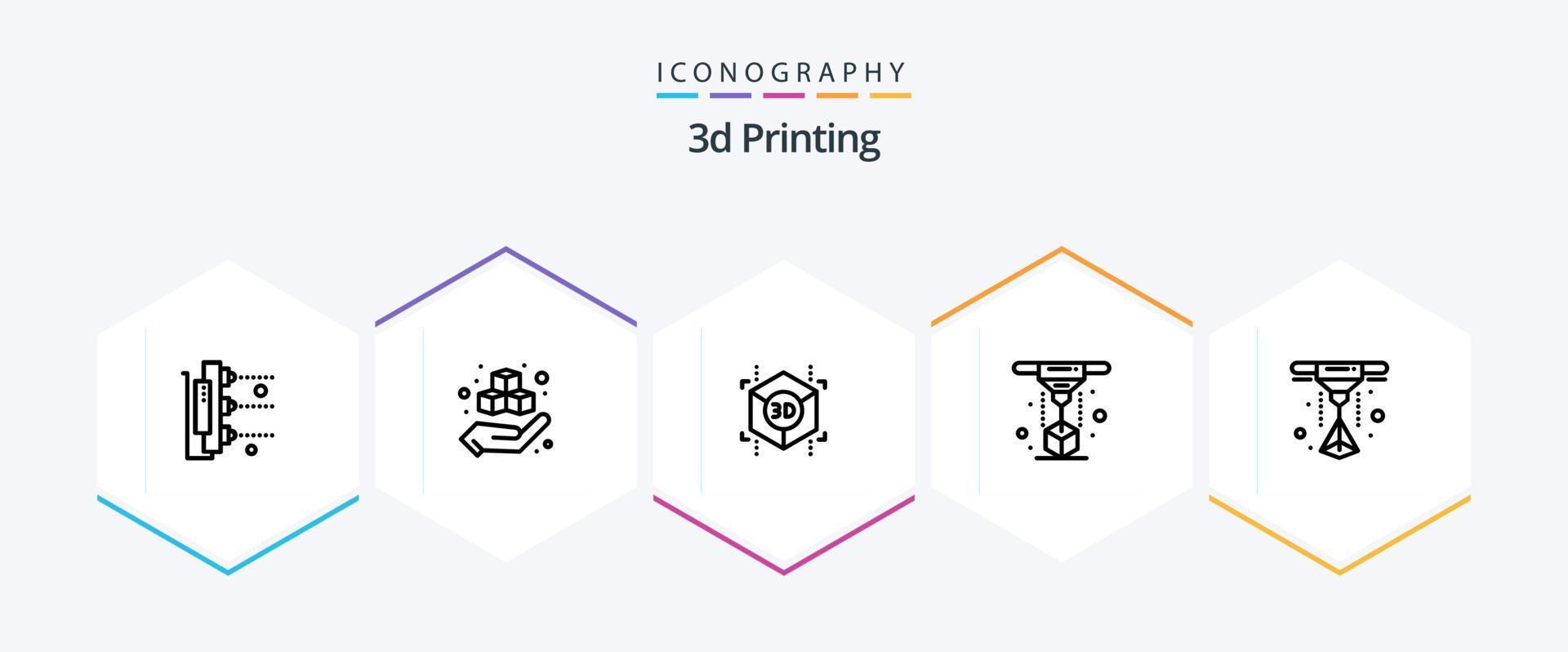 Pack d'icônes d'impression 3d de 25 lignes, y compris le laser. imprimante. produitd. la modélisation. forme vecteur