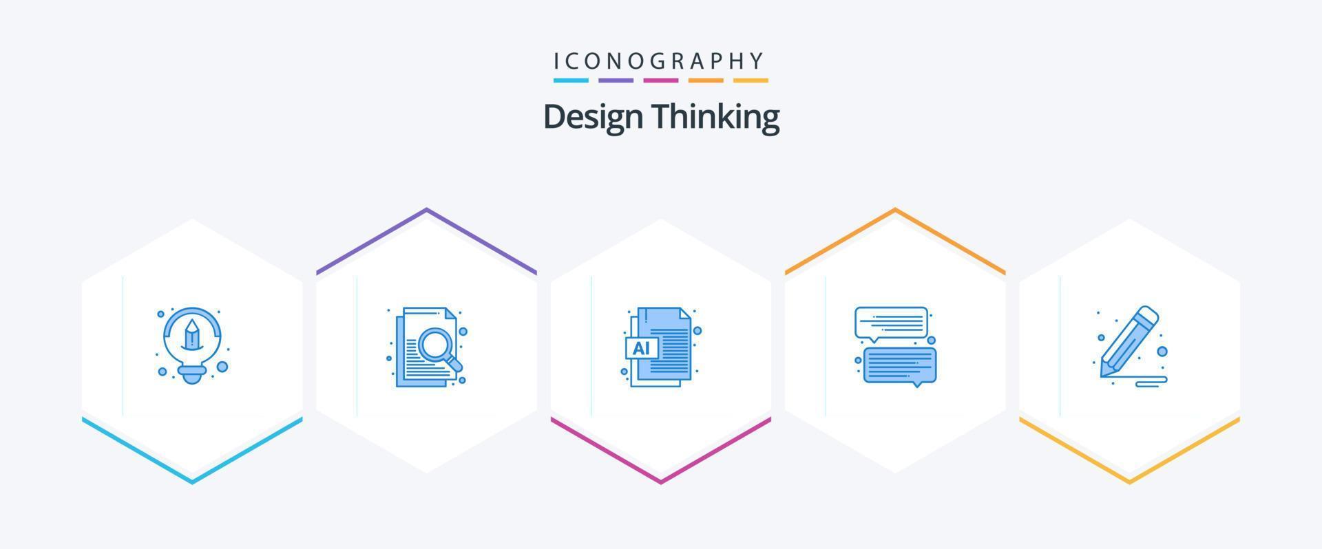 design thinking 25 pack d'icônes bleues comprenant. . dossier. crayon. brosse vecteur