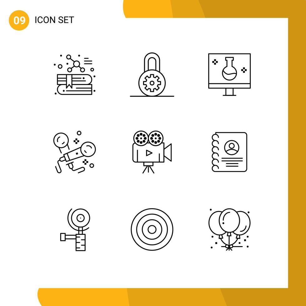 9 ensemble de contours d'interface utilisateur de signes et symboles modernes de caméra de film chantant des éléments de conception vectoriels modifiables de karaoké de partie de science écologique vecteur