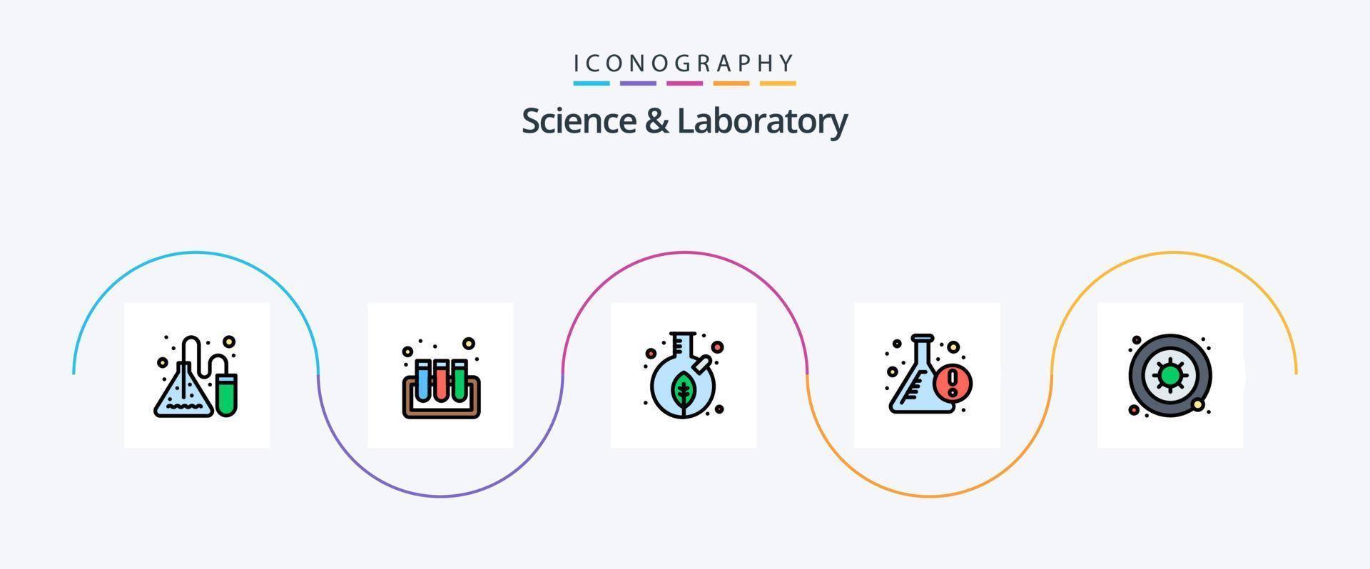 pack d'icônes plat 5 rempli de ligne scientifique, y compris les germes. Info. feuille. ballon. gobelet vecteur