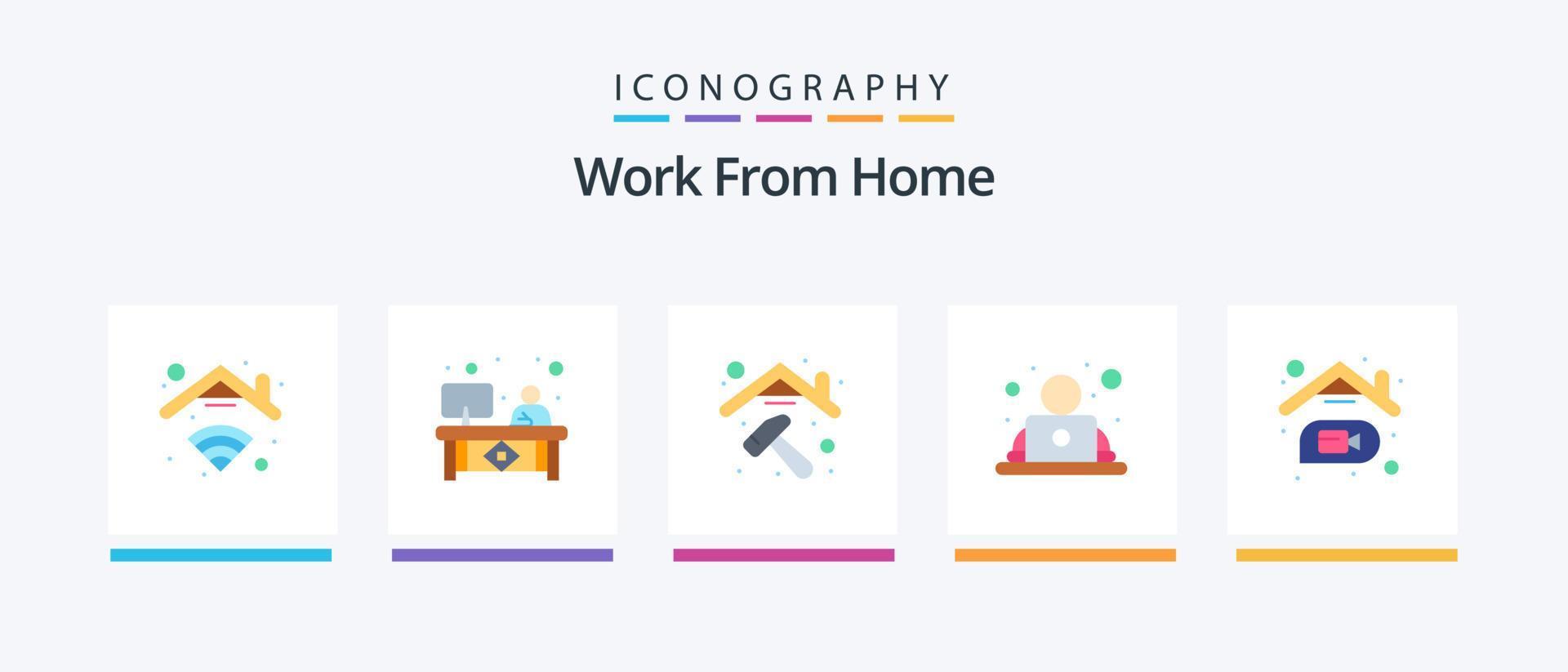 travail à domicile pack d'icônes plat 5, y compris la maison. ouvrier. surveiller. travail. employé. conception d'icônes créatives vecteur