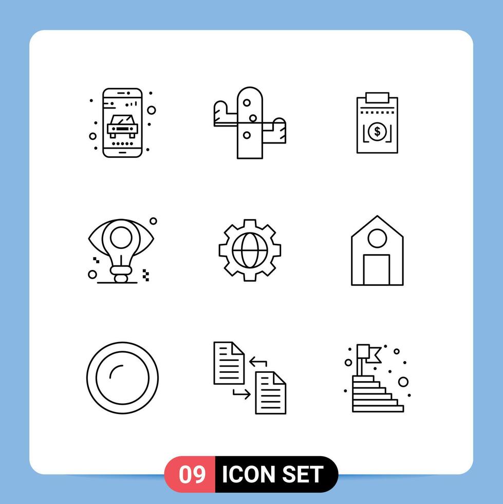 pictogramme ensemble de 9 contours simples d'idée de réglage dépenses ampoule entreprise éléments de conception vectoriels modifiables vecteur