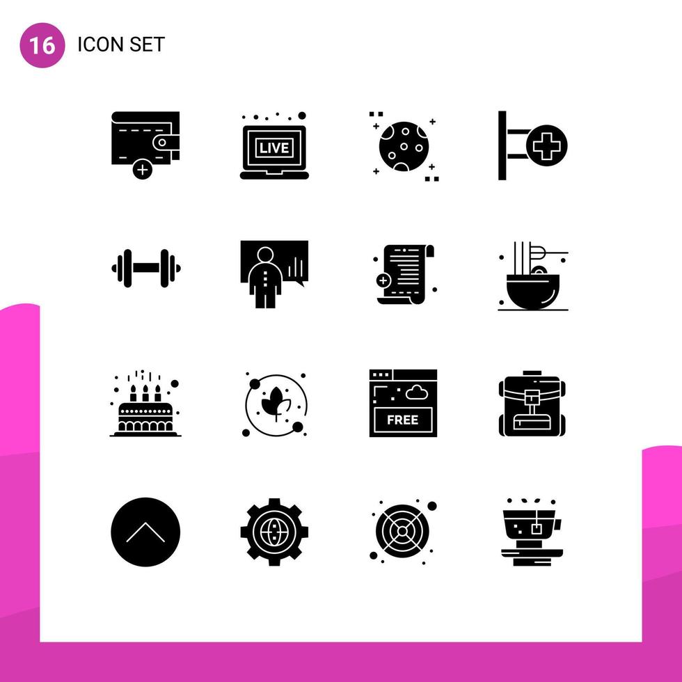 ensemble de 16 glyphes solides universels pour les applications web et mobiles analyse des éléments de conception vectoriels modifiables du tableau de remise en forme de l'espace sportif vecteur