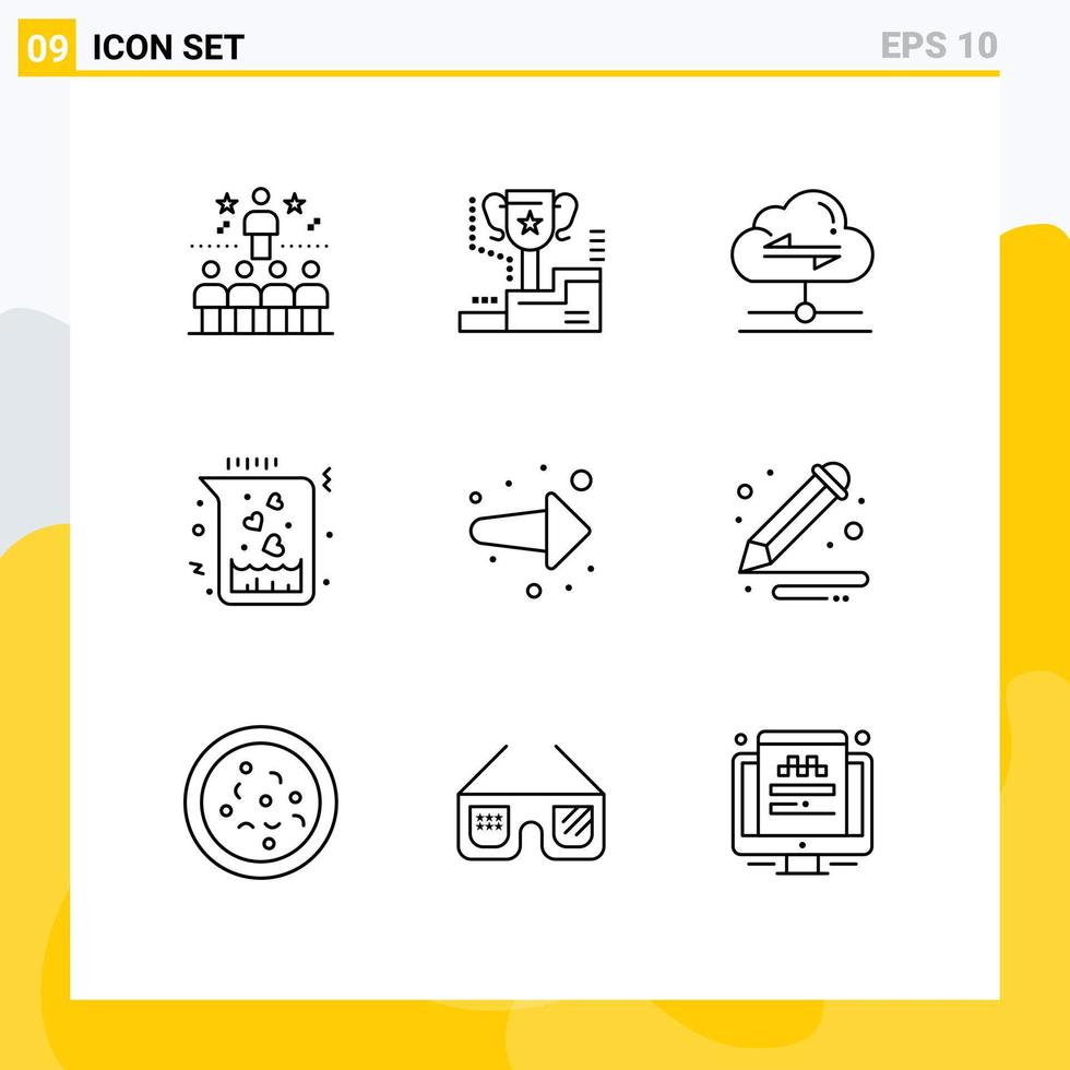 contour de l'interface mobile ensemble de 9 pictogrammes du trophée de la fiole d'amour produit chimique envoyer des éléments de conception vectoriels modifiables vecteur
