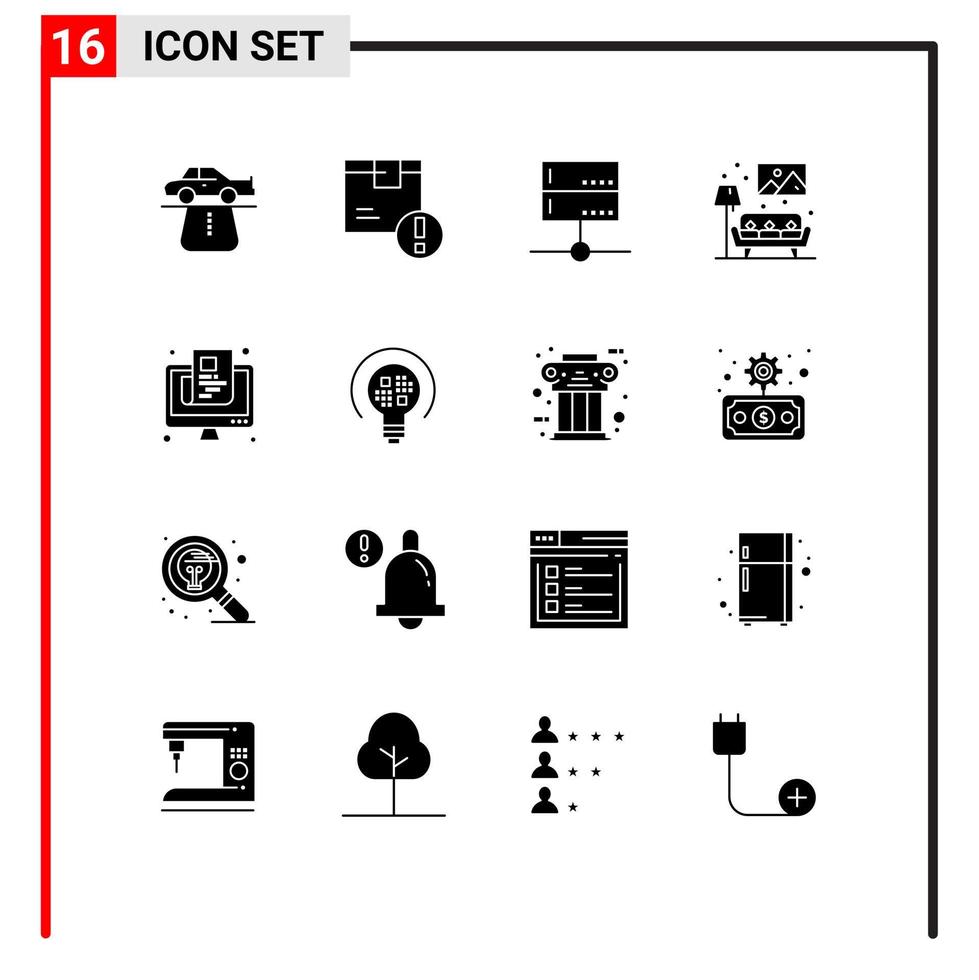 16 signes de glyphes solides universels symboles de dispositifs de signal logistique de maison de canapé éléments de conception vectoriels modifiables vecteur