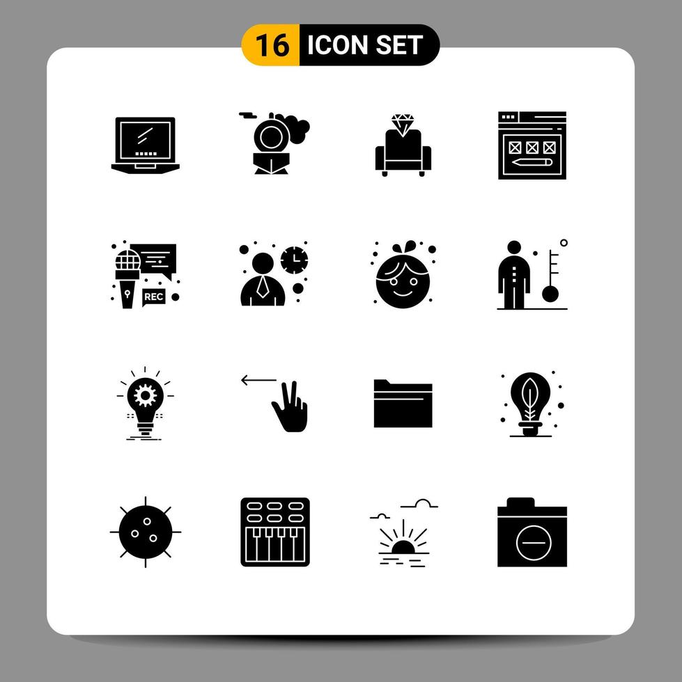 ensemble de 16 glyphes solides vectoriels sur la grille pour les éléments de conception vectoriels modifiables de la page du site Web du cinéma au crayon microphone vecteur