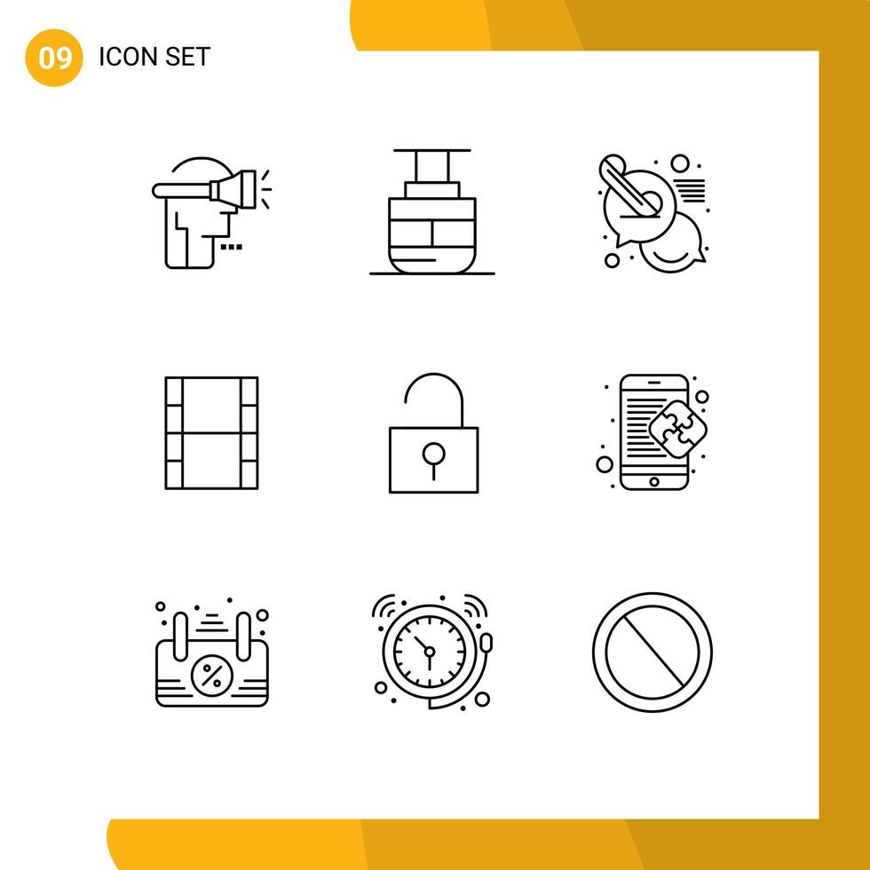 ensemble moderne de 9 contours pictogramme d'éléments de conception vectoriels modifiables d'appel de verrouillage d'interface utilisateur filam vidéo vecteur