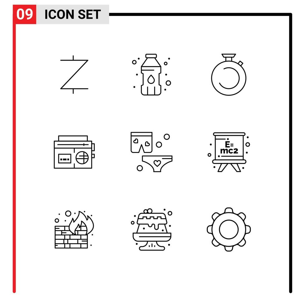 9 ensemble de contours d'interface utilisateur de signes et symboles modernes d'amour médias horloge musique bande éléments de conception vectoriels modifiables vecteur