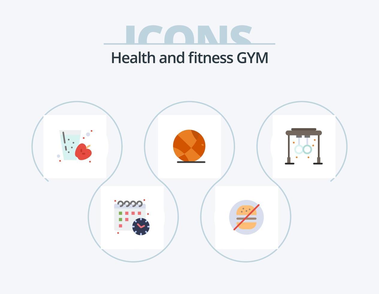 pack d'icônes plates de gym 5 conception d'icônes. formation. aptitude. fruit. anneaux. Gym vecteur