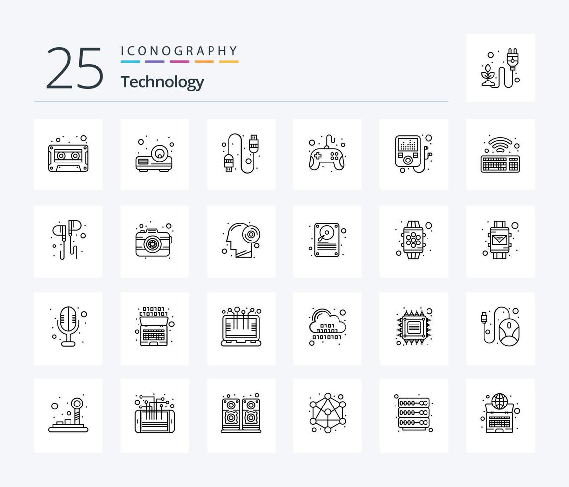 pack d'icônes de technologie 25 lignes, y compris le wifi. lecteur MP. lien. appareil. Jeu vecteur