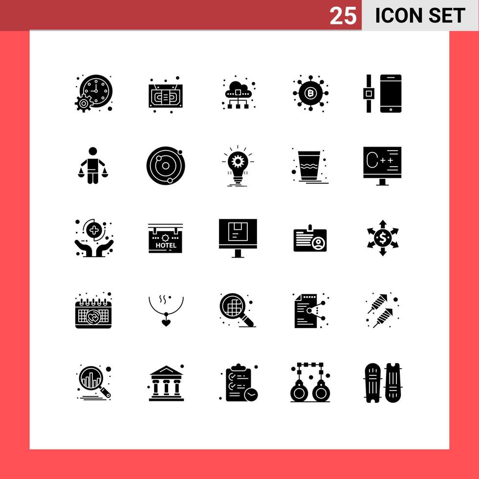 interface mobile glyphe solide ensemble de 25 pictogrammes d'argent dividendes enregistreur distribution trafic de données éléments de conception vectoriels modifiables vecteur