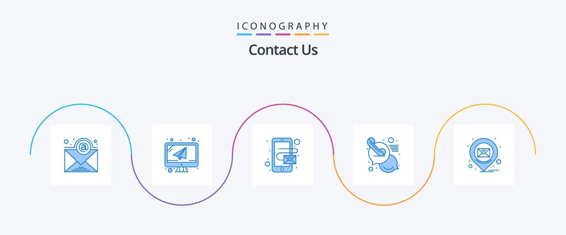 contactez-nous pack d'icônes bleu 5 comprenant un message. emplacement. e-mail. e-mail. message vecteur