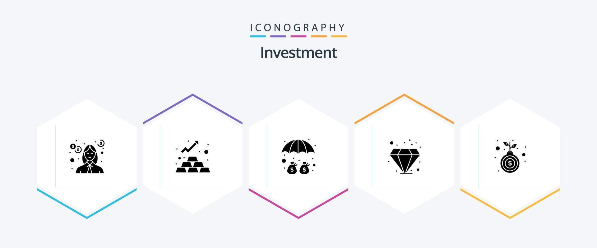 pack d'icônes d'investissement de 25 glyphes, y compris la main. investissement. actif. gemme. protection vecteur