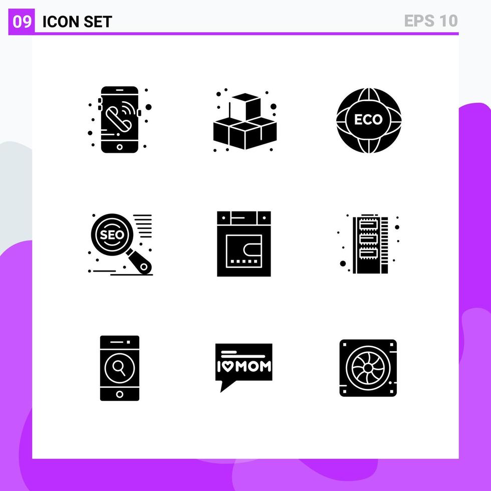 groupe de 9 signes et symboles de glyphes solides pour les éléments de conception vectoriels modifiables seo vecteur