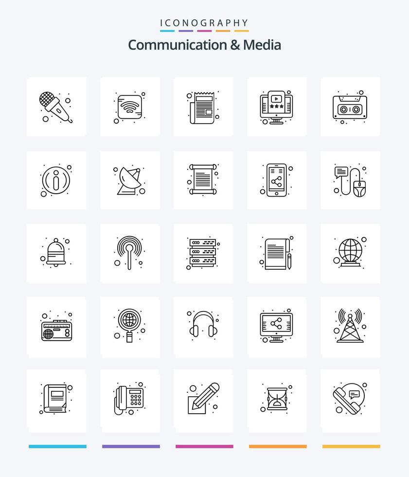 communication créative et médias 25 pack d'icônes de contour telles que cassette. l'audio. journal. Didacticiel. vidéo vecteur