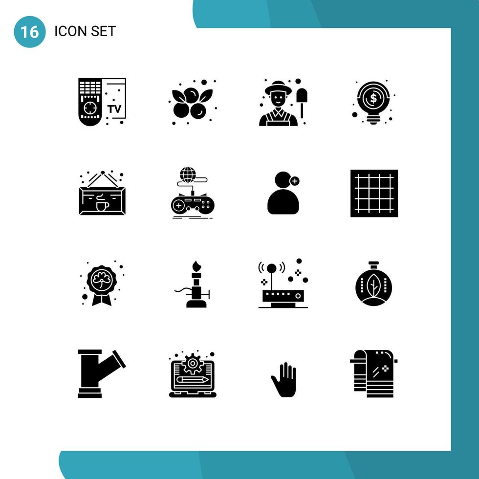 groupe de 16 signes et symboles de glyphes solides pour les éléments de conception vectoriels modifiables d'argent de fermier de boisson au café vecteur