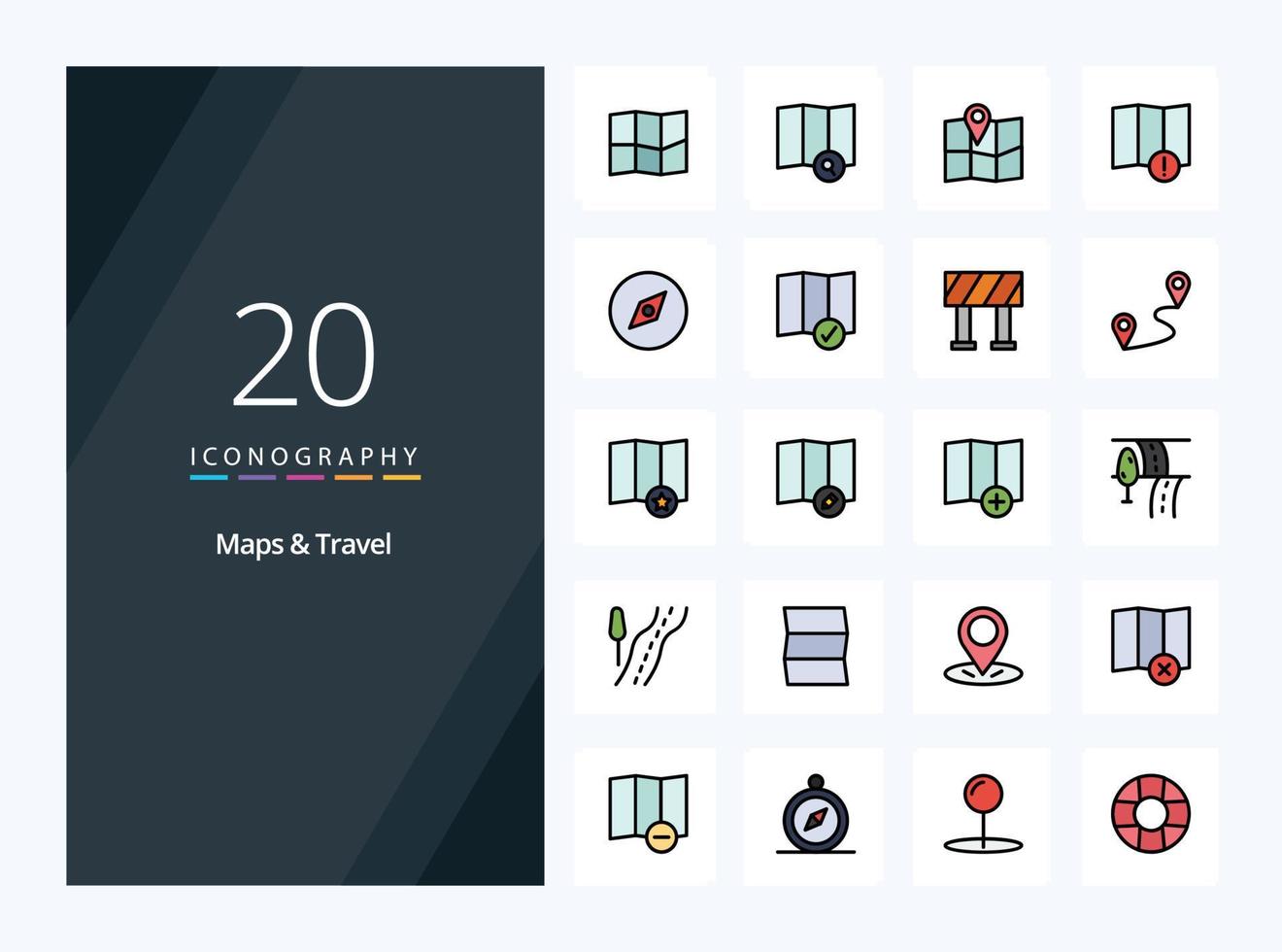 20 cartes icône remplie de ligne de voyage pour la présentation vecteur