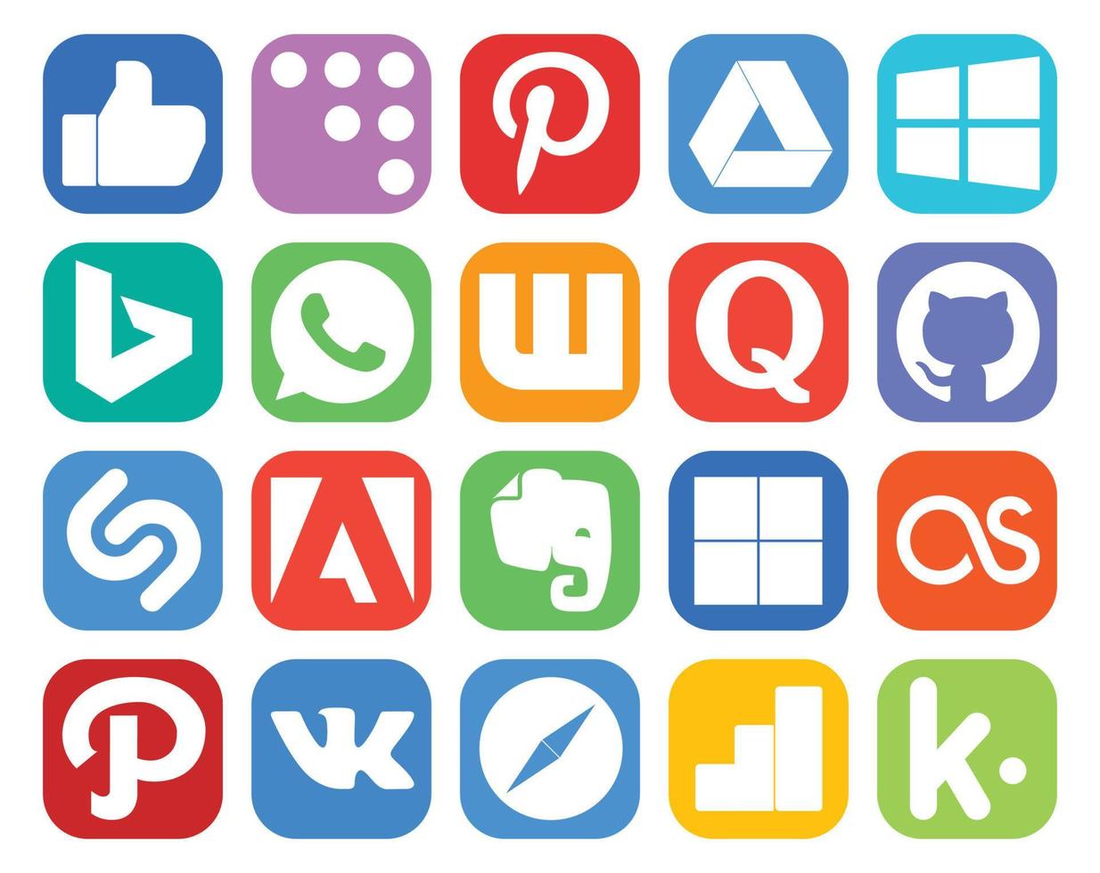 pack de 20 icônes de médias sociaux, y compris vk lastfm quora délicieux adobe vecteur