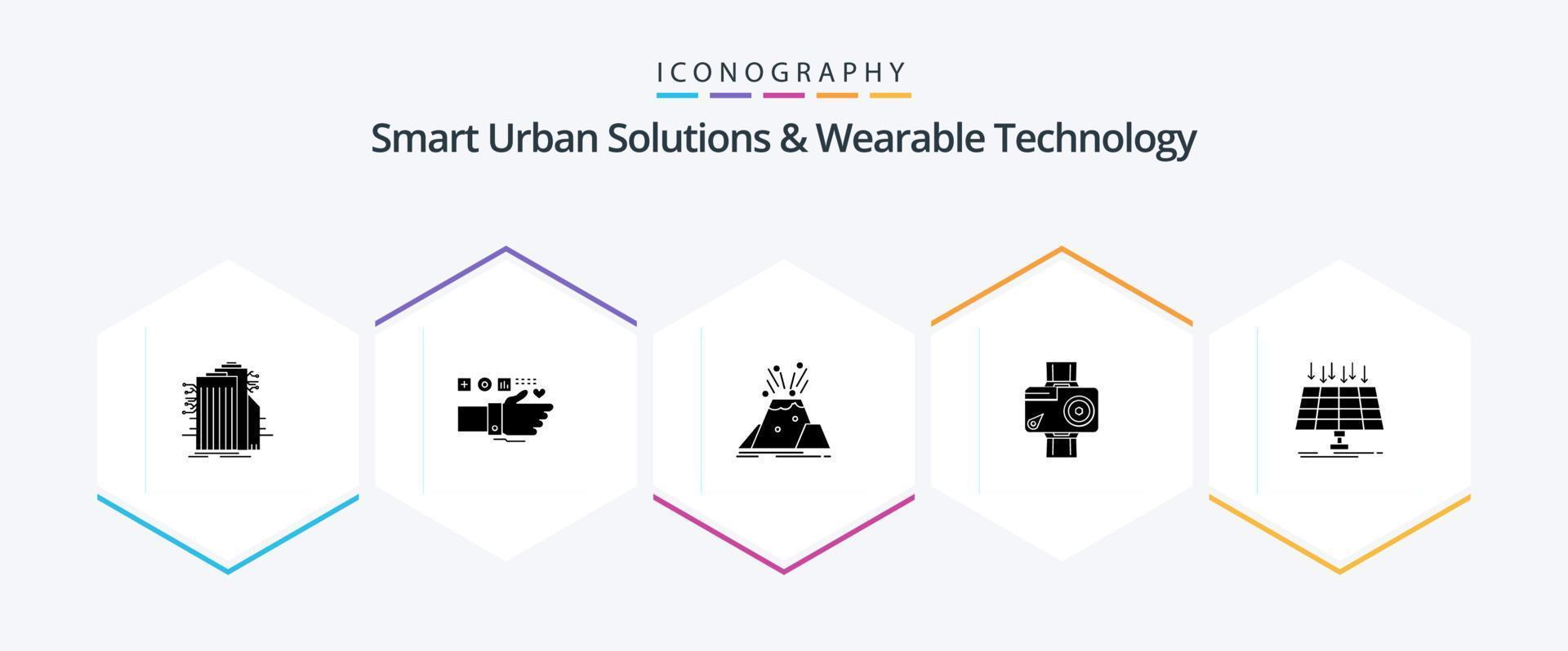 solutions urbaines intelligentes et pack d'icônes de 25 glyphes de technologie portable, y compris numérique. appareil photo. cœur. sécurité. volcan vecteur