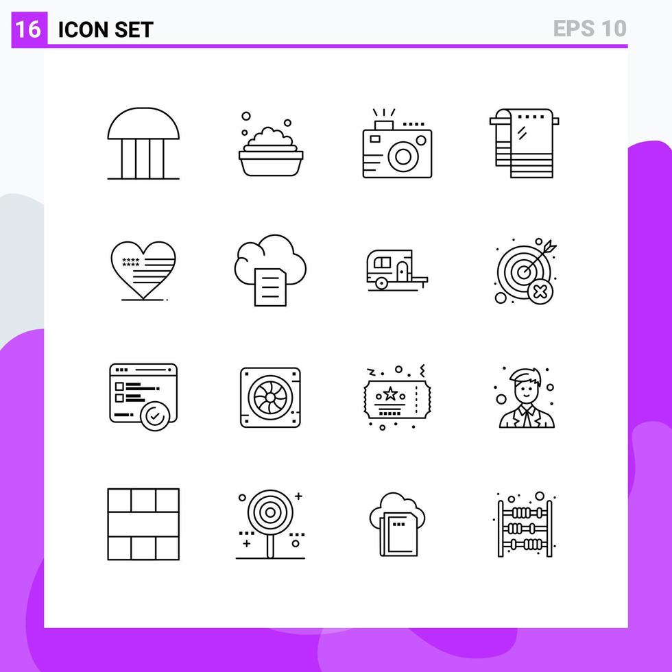 groupe de 16 contours des signes et des symboles pour les éléments de conception vectoriels modifiables d'été sec de caméra de serviette de coeur vecteur
