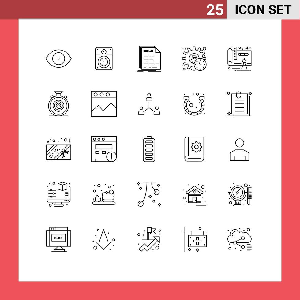 ensemble moderne de 25 lignes de pictogrammes d'éléments de conception vectoriels modifiables de script exécutif de code de gestionnaire de temps vecteur