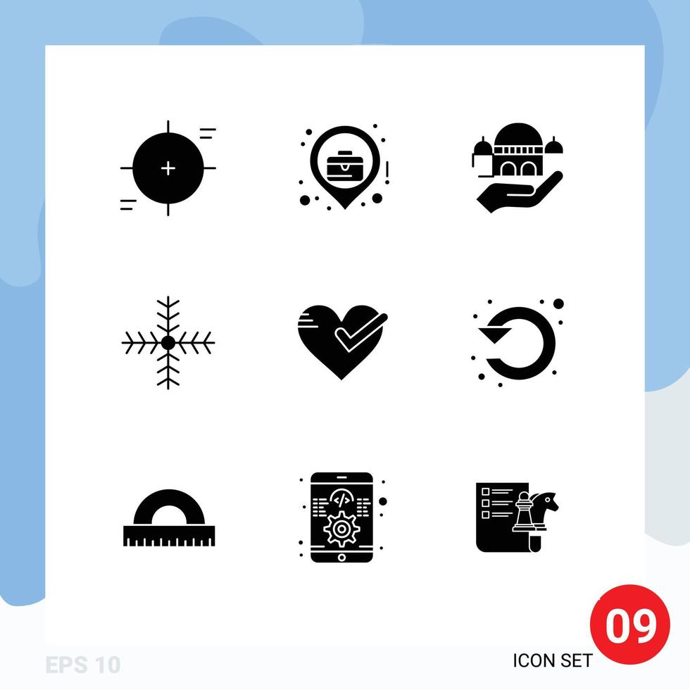 pack de 9 glyphes solides créatifs de coeur flocon de neige lieu d'affaires don de vacances éléments de conception vectoriels modifiables vecteur