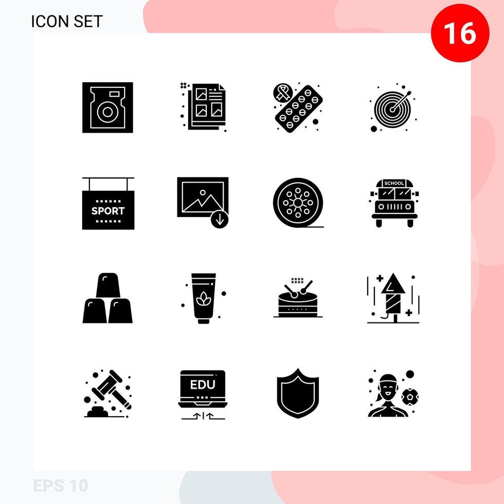 interface mobile glyphe solide ensemble de 16 pictogrammes d'informations sportives information médecine cible éléments de conception vectoriels modifiables vecteur