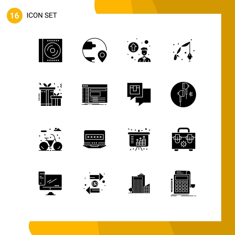 interface mobile glyphe solide ensemble de 16 pictogrammes de noël passe-temps emplacement pêche promotion concept éléments de conception vectoriels modifiables vecteur