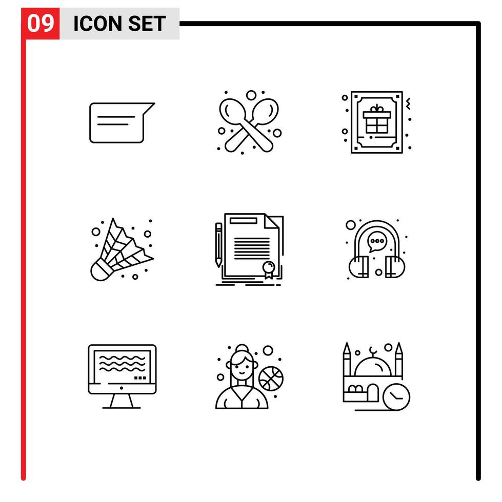 ensemble de pictogrammes de 9 contours simples d'accord ustensiles de camping cadeau de badminton éléments de conception vectoriels modifiables vecteur